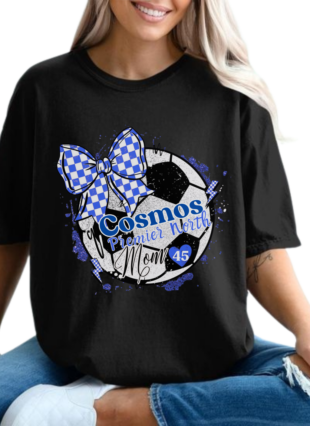"Custom Soccer Mom Comfort Colors Tee – Premier Team Name & Number – Game Day Spirit Shirt with Bow – Soft Vintage 1717 T-Shirt"